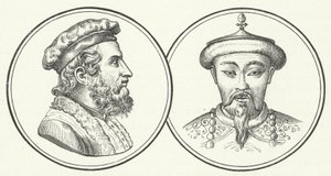 Marco Polo och Kublai Khan (gravyr) av German School