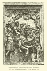 Marcus Aurelius benådar Marcomannic-hövdingar (gravyr) av German School