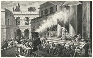 Mark Antony utlöser ett upplopp med sin tal vid Julius Caesars begravning, 44 f.Kr. (gravyr) av German School