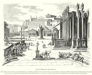 Marknadsplats i Sparta, antikens Grekland (litho) av German School