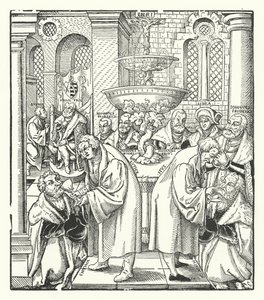Martin Luther och Jan Hus administrerar nattvarden till den sachsiska kungafamiljen (gravyr) av German School
