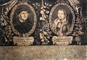 Martin Luther och hans fru Katharina von Bora (gravyr) av German School