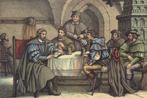 Martin Luther i samtal med studenter i Gasthof der Baren, Jena (chromolitho) av German School