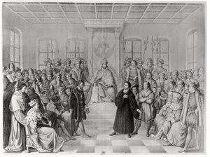 Martin Luther framför Karl V (1500-58) vid riksdagen i Worms, 16 april 1521, från "History of Germany" av German School