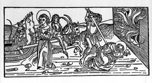 Martyrium av Saint Polycarp av Smyrna (ca 69-155), eveque. Gravyr från "Leben der Heiligen - Sommerteil (helgonets bok)" av Jacobus (James) av Voragine (1228-1298) av German School