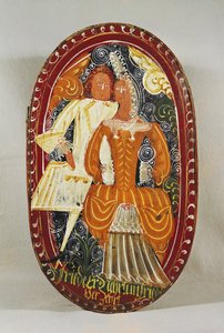 Marsipanlåda föreställande en man och kvinna, ca 1660 (målat trä)