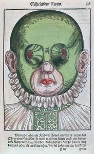Mask för att behandla skelning, från Ophthalmodouleia av Georg Bartisch (1535-1636) publicerad i Dresden 1583 (träblock i färg) av German School