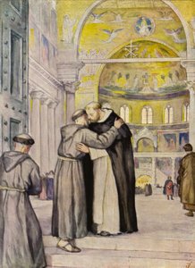 Möte mellan S:t Franciskus och S:t Dominikus (färglitografi) av German School