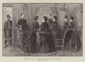 Möte av den tyska kejsarinnan och drottning Victoria i Charlottenburg (gravyr) av German School