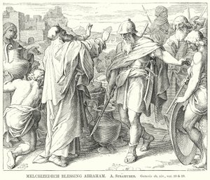 Melkisedek välsignelse Abraham, Genesis, ch xiv, ver 18 och 19 (gravyr) av German School