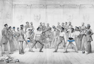 Mensuren eller Studentmedlemmar i Dueling Society i Dresden i sina blå, vita och svarta uniformer av German School
