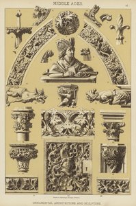 Medeltid, prydnadsarkitektur och skulptur (färg litho) av German School