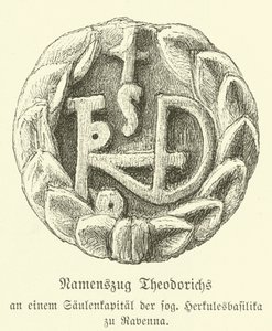 Monogram av Theoderik den store, östgoternas kung (gravyr) av German School