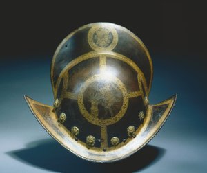 Morion av kurfursten Christian I:s statsgarde av Sachsen, Nürnberg, ca 1580-91 (etsat och förgyllt rostfritt stål) av German School