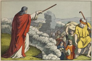 Moses delar Röda havets vatten, illustration från LAncien Testamentet, utgiven av Jakob Ferdinand Schreiber, Esslingen (färgstick) av German School