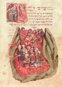 Moses leder Israels barn över Röda havet från en judisk bönbok, Hamburg, 1427 (manuskript) av German School