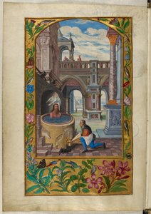 Ms Harley 3469, f.21v Man som badar på en innergård, den sjunde liknelsen, från 
