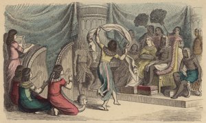 Musiker och dansare som uppträder inför farao i det antika Egypten (färgad gravyr) av German School