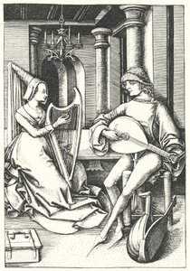 Musiker som spelar luta och harpa i ett hus på landet på 1400-talet (gravyr) av German School