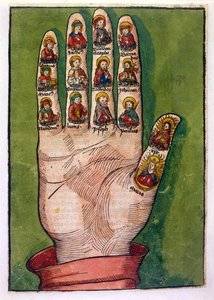 Birgittas mystiska hand föreställande Kristus, Jungfru Maria, apostlar och andra, 1491 (handfärgad gravyr) av German School