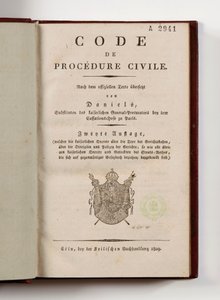 Napoleonska civilprocesslagen för de franska departementen på Rhens vänstra strand, öppen på titelsidan, Köln, 1809 (tryckt papper) av German School