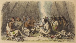 Indianer från stammarna Fox och Raven som röker fredspipan (färgad gravyr) av German School