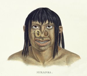 Infödd man av Miranha-stammen, med näsdekoration, från Atlas of a Journey in Brazil av Johann Baptist von Spix (1781-1826) och Karl Friedrich Philipp Martius (1794-1868), publicerad ca 1835-50 (kol. av German School