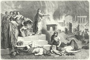 Nero under den stora branden i Rom, 64 (gravyr) av German School