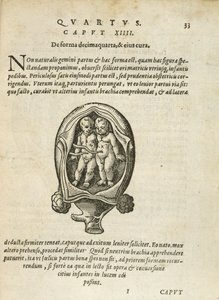 Icke-identiska tvillingar i livmodern, illustration från kapitel 14, bok 4 i On the Conception and Growth of Man av Rueff, 1587 av German School
