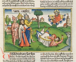 Nummer 16 32 Jorden sväljer rebellerna Dathan och Abiram, från Nürnbergbibeln (Biblia Sacra Germanaica) (färgat träsnitt)