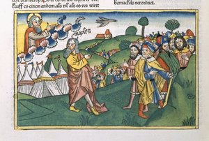Nummer 1 1-20 Förberedelse för resan från berget Sinai, från Nürnbergbibeln (Biblia Sacra Germanaica) (färgat träsnitt) av German School