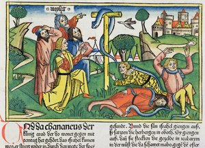 Nummer 21 4-9 Giftiga ormar biter rebelliska israeliter, från Nürnbergbibeln (Biblia Sacra Germanaica) (färgat träsnitt) av German School
