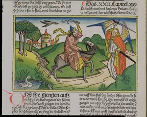 Nummer 22 20-35 Bileams talande åsna, från Nürnbergbibeln (Biblia Sacra Germanaica) (färgat träsnitt) av German School