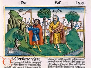 Nummer 2 Israeliternas lägeruppdrag, från Nürnbergbibeln (Biblia Sacra Germanaica) (färgat träsnitt)