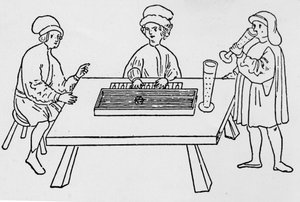 En av de första teckningarna som föreställer en Clavicord. Weimar 1400-talet. av German School