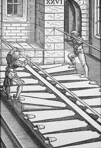 Orgelbälgar och blåsare i Halberstadt-katedralen, från "Praetorius Syntagma Musicum", pub. år 1619 (gravyr) av German School