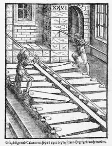 Orgelbälgar och blåsare i Halberstadt-katedralen, från Praetorious Syntagma Musicum, pub. år 1619 av German School