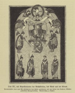 Otto III, helig romersk kejsare, med representanter för furstarna, adeln och prästerskapet (gravyr) av German School