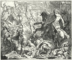 Otto I av Tyskland som besegrar magyarerna i slaget vid Lechfeld, 955 (gravyr) av German School