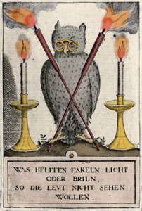 Uggla med glasögon, symbol för visdom. Gravyr av "Amphitheatrum sapientiae aeternae". (Amphitheatre of eternal visdom) (Hamburg: n.n. av German School