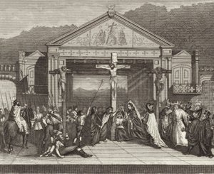 Passionsspel i Oberammergau, Bayern, Tyskland. Illustration för Bilder-Atlas (gravyr) av German School