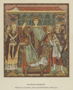 Hyllande av den helige romerske kejsaren Otto III (färg litho) av German School
