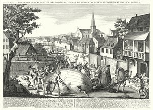 Bönder angriper ballongen av Jacques Charles och Robert Brothers efter att den kom ner vid Gonesse, 27 augusti 1783 (gravyr) av German School