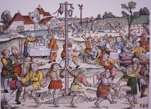 Bönder som dansar (handfärgad gravyr) av German School