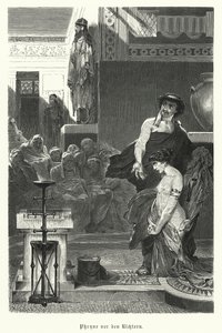 Phryne, antik grekisk kurtisan, åtalad för gudlöshet, 300-talet f.Kr. (gravyr) av German School