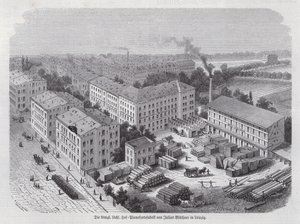 Pianofabrik av Julius Bluethner, Leipzig, Tyskland (gravyr) av German School