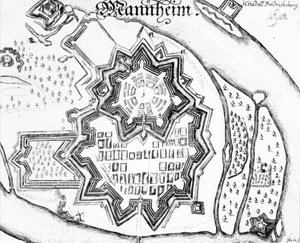 Plan av Mannheim, Tyskland 1690 av German School