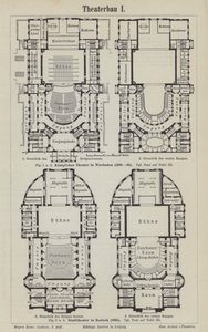 Planer av Kungliga Teatern, Wiesbaden och Stadsteatern, Rostock, Tyskland (gravyr) av German School