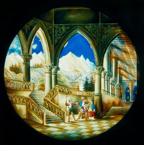 Tallrik målad för hand, för Magic Lantern tillverkad i Tyskland, föreställande en interiörvy av ett palats och ett landskap, första hälften av 1800-talet av German School