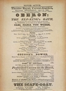 Playbill av den första föreställningen av "Oberon", av Carl Maria von Weber, i Convent Garden, London, 12 april av German School